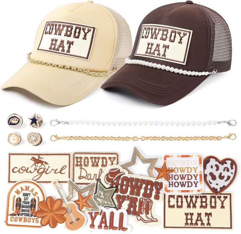 Meneng Western Trucker Hat for Cowboy: Men Women Adjustable Snapback Caps with 8pcs Embroidered Patches and a Chain - Image 1